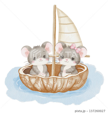 Mice in walnut shell boat of white sail. Watercolor animal illustration, friendship and love symbol, isolated on white. For children's storybook, relaxing nursery decor, kids party invitation design 137260027