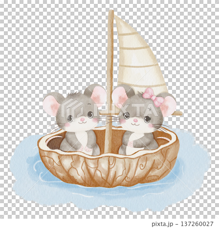 Mice in walnut shell boat of white sail. Watercolor animal illustration, friendship and love symbol, isolated on white. For children's storybook, relaxing nursery decor, kids party invitation design 137260027