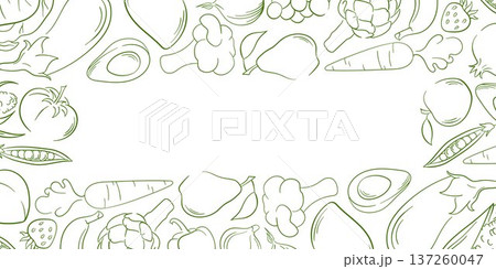 Line art style fruit and vegetable border. Illustration background for healthy restaurant menu, organic package and grocery store. 137260047