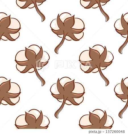 Seamless pattern with hand drawn cotton bolls in flat style. Background for textile print, organic fabric, wrapping paper and wallpaper. 137260048