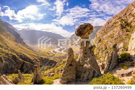 Aerial panaramic view to Natural formations stone mushrooms in Akkurum tract against blue sky, rock formations of a bizarre shape in sunny day. Ulagan Chulyshman river Valley, Altai Republic, Russia 137260499
