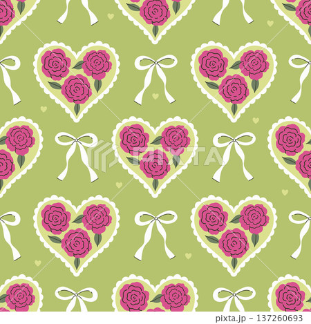 Seamless pattern with roses in hearts and bows. Vector graphics. Seamless pattern with roses in hearts and bows. Vector graphics. 137260693