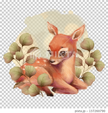 Gentle illustration of a small fawn resting surrounded by soft green leaves Gentle illustration of a small fawn resting surrounded by soft green leaves 137260790
