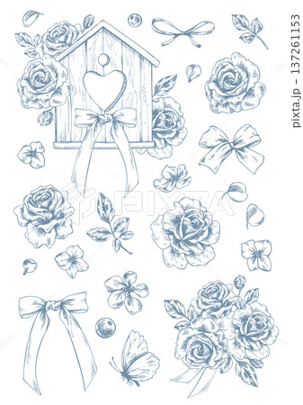 Wooden birdhouse with roses and bows, leaves, and butterflies. Hand-drawn ink line art graphic illustration. A set of clip art stickers for spring, summer, and wedding designs. 137261153
