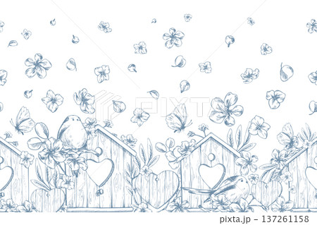 Wooden birdhouses with birds and apple blossoms. Hand-drawn ink line art graphic illustration. Seamless border pattern, easy, summery, spring-inspired, perfect for holidays and weddings. 137261158