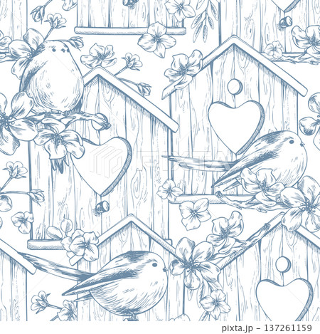 Wooden birdhouses with birds and apple blossoms. Hand-drawn ink line art graphic illustration. Seamless pattern, easy, summery, and spring-themed for holiday and wedding decorations. Wooden birdhouses with birds and apple blossoms. Hand-drawn ink line art graphic illustration. Seamless pattern, easy, summery, and spring-themed for holiday and wedding decorations. 137261159