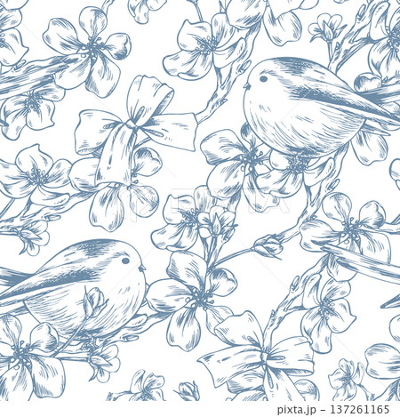 Apple blossom branches decorated with bows, flowers, and birds. Hand-drawn graphic illustration with ink line art. Seamless floral pattern for spring holiday and wedding designs. Apple blossom branches decorated with bows, flowers, and birds. Hand-drawn graphic illustration with ink line art. Seamless floral pattern for spring holiday and wedding designs. 137261165