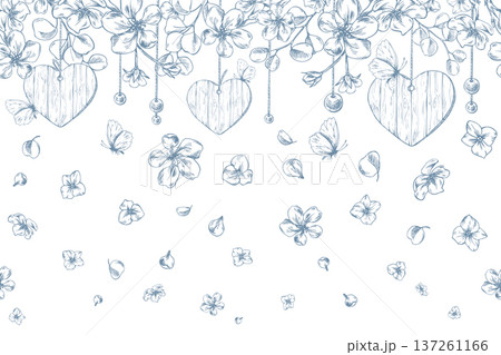 Wooden beaded earrings dangling from above with flowers and butterflies. Hand-drawn ink line art graphic illustration. Seamless border pattern for spring holiday and wedding designs. 137261166