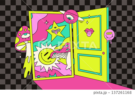 Surreal trippy space portal with smiling sun, magic mushroom and weird melting eyes. Psychedelic open door illustration on checkerboard background. Groovy retro 70s hallucinogenic poster vector art. 137261168