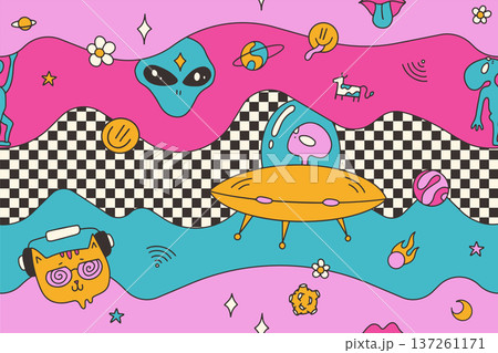 Psychedelic trippy seamless pattern with weird cat in headphones, alien, ufo and floating cow. Surreal melting space background with checkerboard waves. Groovy retro 70s hallucinogenic vector art. 137261171