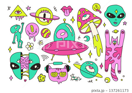 Psychedelic trippy space sticker pack. Surreal weird icons with alien, ufo, magic mushroom, melting cat and eye of providence. Groovy retro 70s hallucinogenic isolated vector elements collection. Psychedelic trippy space sticker pack. Surreal weird icons with alien, ufo, magic mushroom, melting cat and eye of providence. Groovy retro 70s hallucinogenic isolated vector elements collection. 137261173