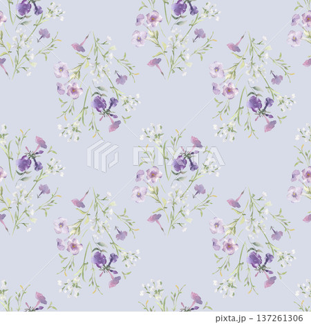Delicate wildflower meadow watercolor pattern on blue. Seamless gentle botanical print for textile, fabric, springtime, and wedding design. Flowers sketch repeat background pastel colors hand painted. Delicate wildflower meadow watercolor pattern on blue. Seamless gentle botanical print for textile, fabric, springtime, and wedding design. Flowers sketch repeat background pastel colors hand painted. 137261306