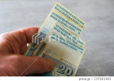 Hand Holding Swiss Franc Banknotes Financial Cash and Currency Concept Hand Holding Swiss Franc Banknotes Financial Cash and Currency Concept 137261403