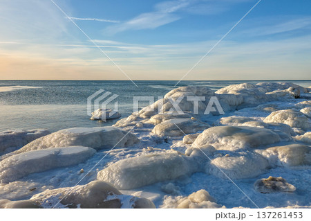 Icy Baltic Sea Coastline in Liepaja with Frozen Winter Seascape 137261453