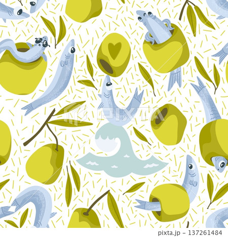 A bright summer pattern with green olives and dancing anchovies among olive branches, an olive with an anchovy inside A bright summer pattern with green olives and dancing anchovies among olive branches, an olive with an anchovy inside 137261484