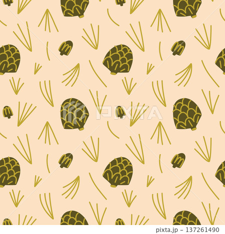 Coniferous forest pattern in green and cream colors with pine cones, spruce needles, abstract forest, forest floor 137261490