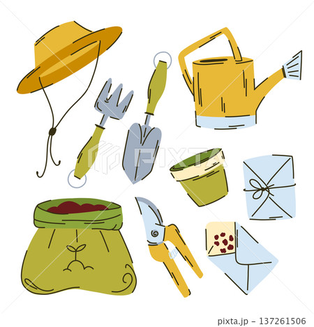 Gardening tool kit, Panama hat, bag of soil, seeds in a paper envelope, watering can, pruning shears, hoe, pruning shears Gardening tool kit, Panama hat, bag of soil, seeds in a paper envelope, watering can, pruning shears, hoe, pruning shears 137261506