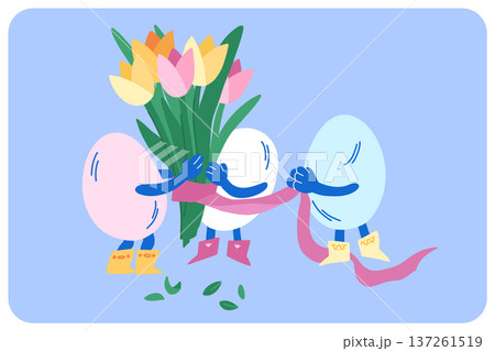 Colorful Easter eggs with legs gather a bouquet of spring tulips, minimalist Easter card on a blue background 137261519