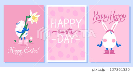 A set of Easter greeting cards in pink tones, hand lettering, eggs with flowers, in a bunny costume A set of Easter greeting cards in pink tones, hand lettering, eggs with flowers, in a bunny costume 137261520