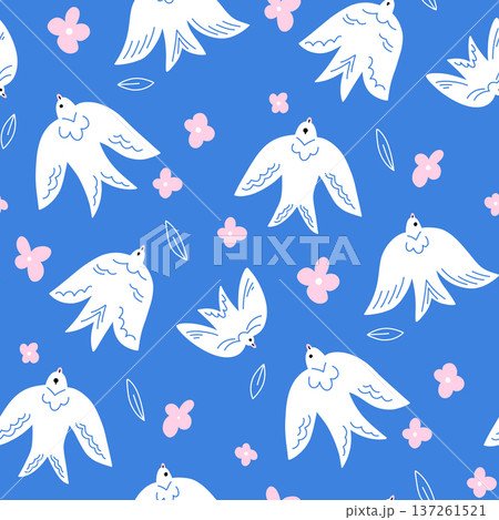 Seamless spring pattern with white Easter doves and swifts among pink flowers and outline leaves on blue 137261521