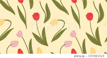 Delicate pattern with pink, yellow and red tulip buds on a vanilla background, seamless spring primroses 137261523