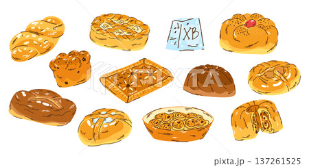 HandDrawn Collection of Traditional Baked Goods and Pastries, Eastern European baked goods 137261525