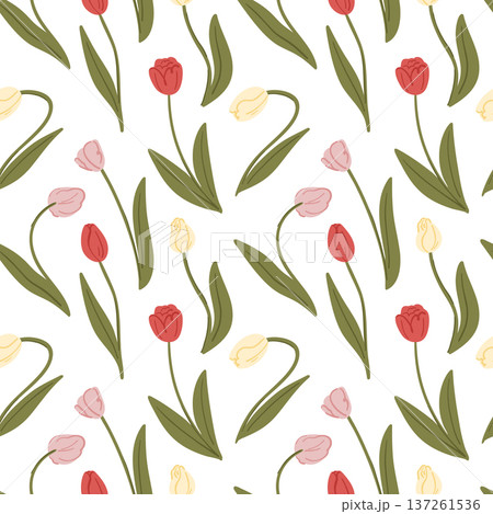 Seamless pattern of tulips field on white, lush spring buds with green stems and leaves for fabric, Easter paper and clothing Seamless pattern of tulips field on white, lush spring buds with green stems and leaves for fabric, Easter paper and clothing 137261536