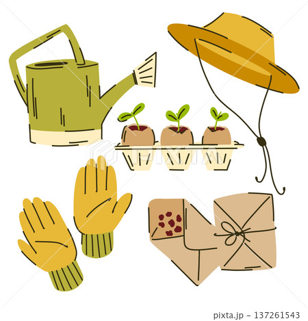 A beginner gardening kit, including a Panama hat, a watering can, seedlings in eggshells, garden gloves, and seeds for planting. A beginner gardening kit, including a Panama hat, a watering can, seedlings in eggshells, garden gloves, and seeds for planting. 137261543