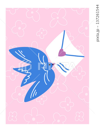 Spring blue bird with a love message in its beak on a floral linear pink background, dove with an envelope Spring blue bird with a love message in its beak on a floral linear pink background, dove with an envelope 137261544