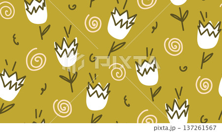 Seamless pattern with flowers in the shape of broken eggshells, sandalwood flowers in green and cream tones among abstract swirls Seamless pattern with flowers in the shape of broken eggshells, sandalwood flowers in green and cream tones among abstract swirls 137261567