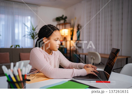 Girl studying online with laptop at home 137261631