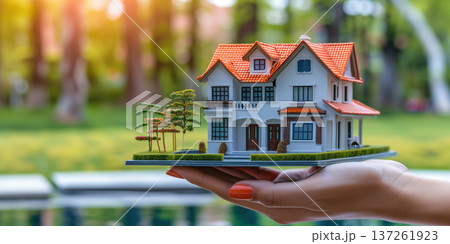 Home concept miniature house held in a hand outdoors at dusk Home concept miniature house held in a hand outdoors at dusk 137261923