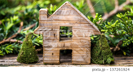 Creative wooden house decoration surrounded by greenery enhances home concept Creative wooden house decoration surrounded by greenery enhances home concept 137261924