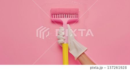 Hand holding a cleaning roller against a pink wall in a home cleaning setting Hand holding a cleaning roller against a pink wall in a home cleaning setting 137261928