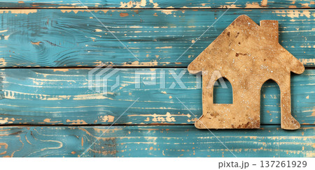 Wooden house silhouette on distressed blue wooden background for home theme Wooden house silhouette on distressed blue wooden background for home theme 137261929