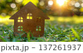 House silhouette on grass with sunlight in background represents home concept 137261937