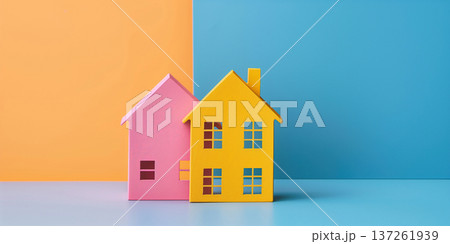 Colorful model houses represent home and cleaning concepts in a vibrant setting Colorful model houses represent home and cleaning concepts in a vibrant setting 137261939
