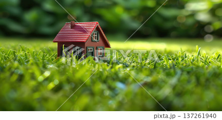 Small house on green grass in a sunny garden emphasizes home cleaning and maintenance concepts 137261940