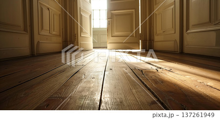 Sunlight illuminating a rustic wooden floor through an open door in a clean room setting Sunlight illuminating a rustic wooden floor through an open door in a clean room setting 137261949