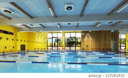 Indoor swimming pool with yellow walls and wood paneling. Modern sports facility. 3D rendering Indoor swimming pool with yellow walls and wood paneling. Modern sports facility. 3D rendering 137262432