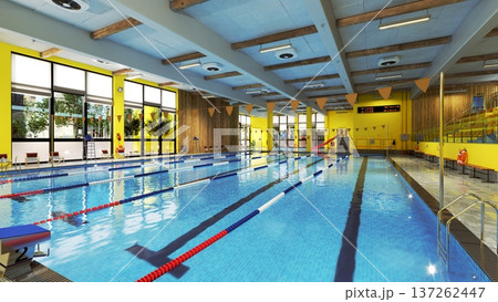 Modern indoor swimming pool with blue water and yellow walls. Empty athletic facility. 3D rendering Modern indoor swimming pool with blue water and yellow walls. Empty athletic facility. 3D rendering 137262447