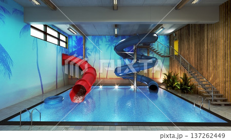 Indoor water park with red and blue slides and tropical mural. Swimming pool with inflatable ring 137262449