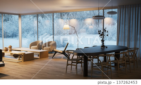 Modern living room interior with large windows overlooking a snowy winter forest. Luxury home design 137262453