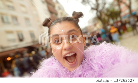 Spontaneous influencer snapshot showcasing playful style and city backdrop 137262527