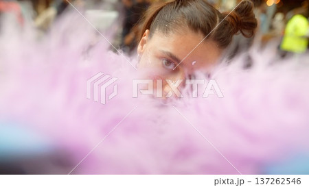 Authentic street view showcasing vibrant feathers and lively surroundings 137262546