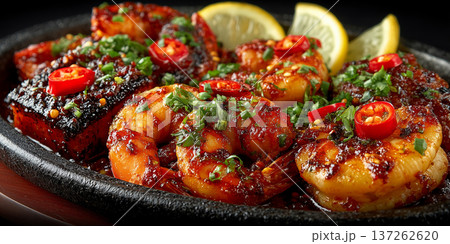 Savory spicy seafood platter tantalizing taste buds with vibrant red sauce 137262620
