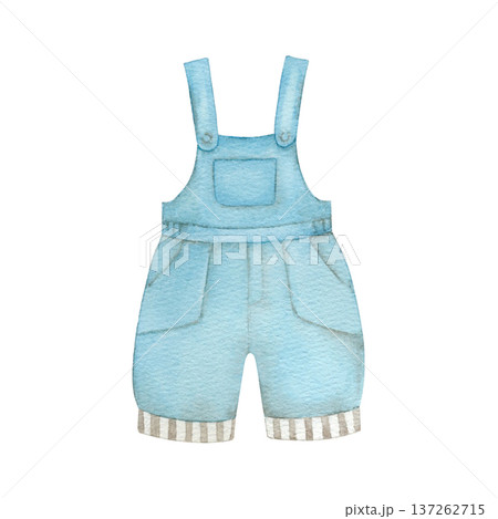 Denim blue kids overall . Clip art hand drawn watercolor illustration isolated on white background. A cute addition to a child's wardrobe Denim blue kids overall . Clip art hand drawn watercolor illustration isolated on white background. A cute addition to a child's wardrobe 137262715