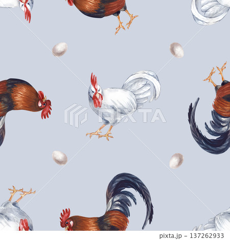 Seamless pattern with roosters and eggs on a grey background. Watercolor background with white and brown roosters in natural colors. Realistic repeating background for the design of farm products and Seamless pattern with roosters and eggs on a grey background. Watercolor background with white and brown roosters in natural colors. Realistic repeating background for the design of farm products and 137262933