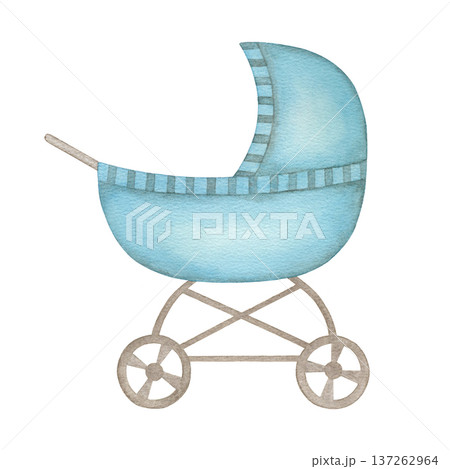 Baby boy stroller. Hand drawn watercolor illustration isolated on a white background. Simple clipart for a boy's first birthday and a newborn sleep design in pastel colors Baby boy stroller. Hand drawn watercolor illustration isolated on a white background. Simple clipart for a boy's first birthday and a newborn sleep design in pastel colors 137262964