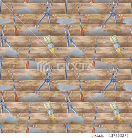 Seamless drawing with working tools on a background of brown wooden panels fastened with self-tapping screws. Watercolor illustration of men's tools for home renovation. Realistic repeating pattern 137263272